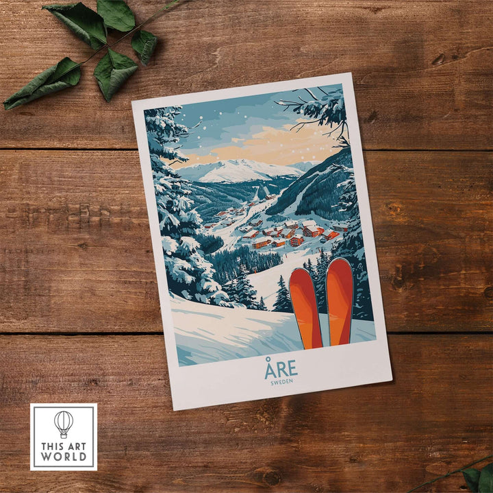 Åre Sweden ski poster featuring mountains and snow-capped landscape, perfect for skiing enthusiasts and home decor.