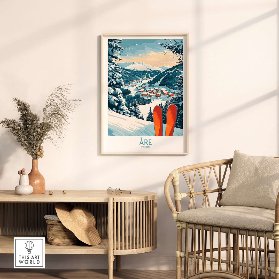 Åre Sweden Ski Poster displayed in a cozy living room setting, featuring snow-capped mountains and red skis against a serene backdrop.