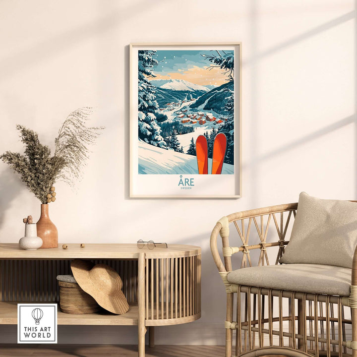 Åre Sweden Ski Poster displayed in a cozy living room setting, featuring snow-capped mountains and red skis against a serene backdrop.