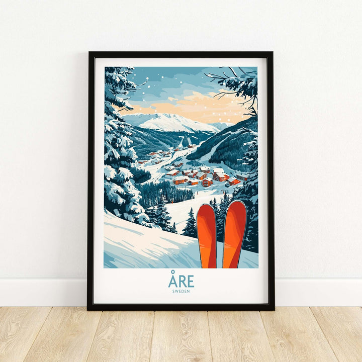 Åre Sweden ski poster featuring vibrant orange skis overlooking snowy slopes and charming village nestled in the mountains.