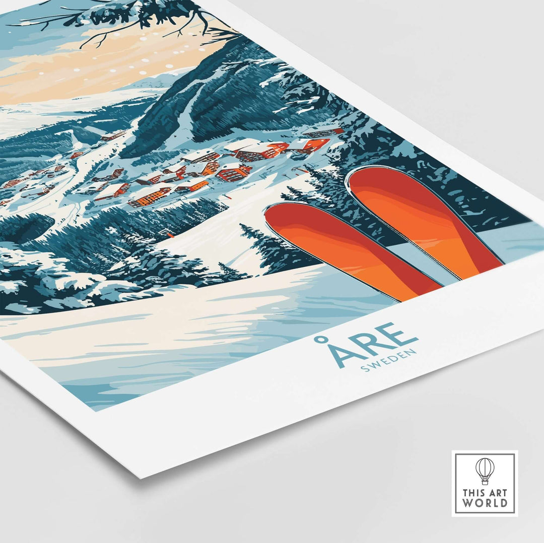 Åre Sweden Ski Poster featuring colorful skis, snowy landscape, and mountain village capturing the essence of skiing.