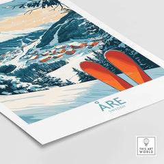 Åre Sweden Ski Poster featuring colorful skis, snowy landscape, and mountain village capturing the essence of skiing.