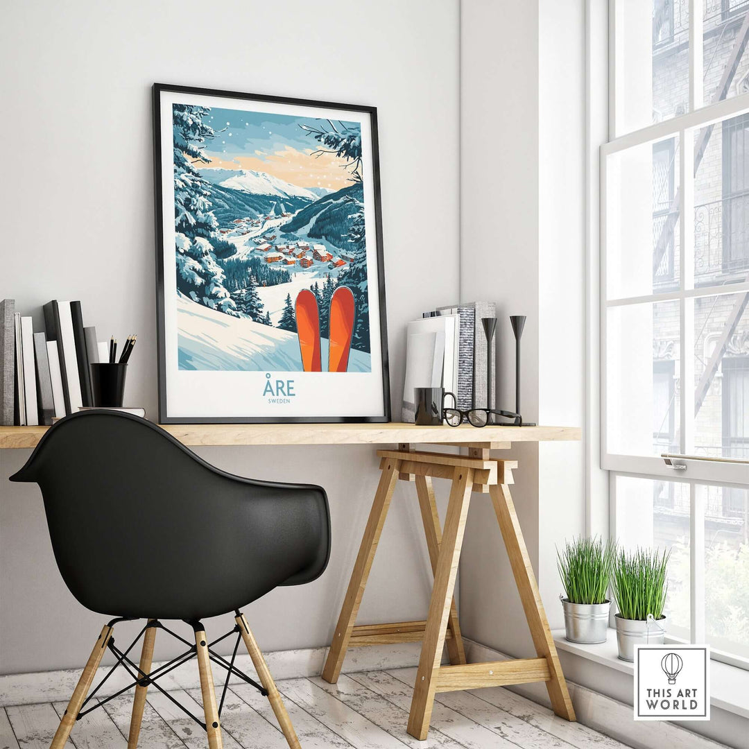 Åre Sweden Ski Poster displayed in a modern home office, showcasing stunning mountain views and ski elements.