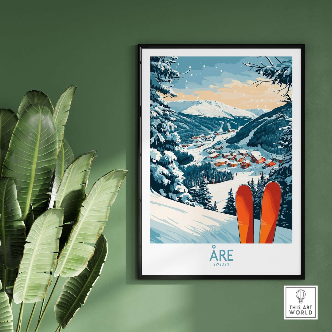 Åre Sweden Ski Poster featuring snowy mountains, vibrant skies, and ski equipment, perfect for home decor.