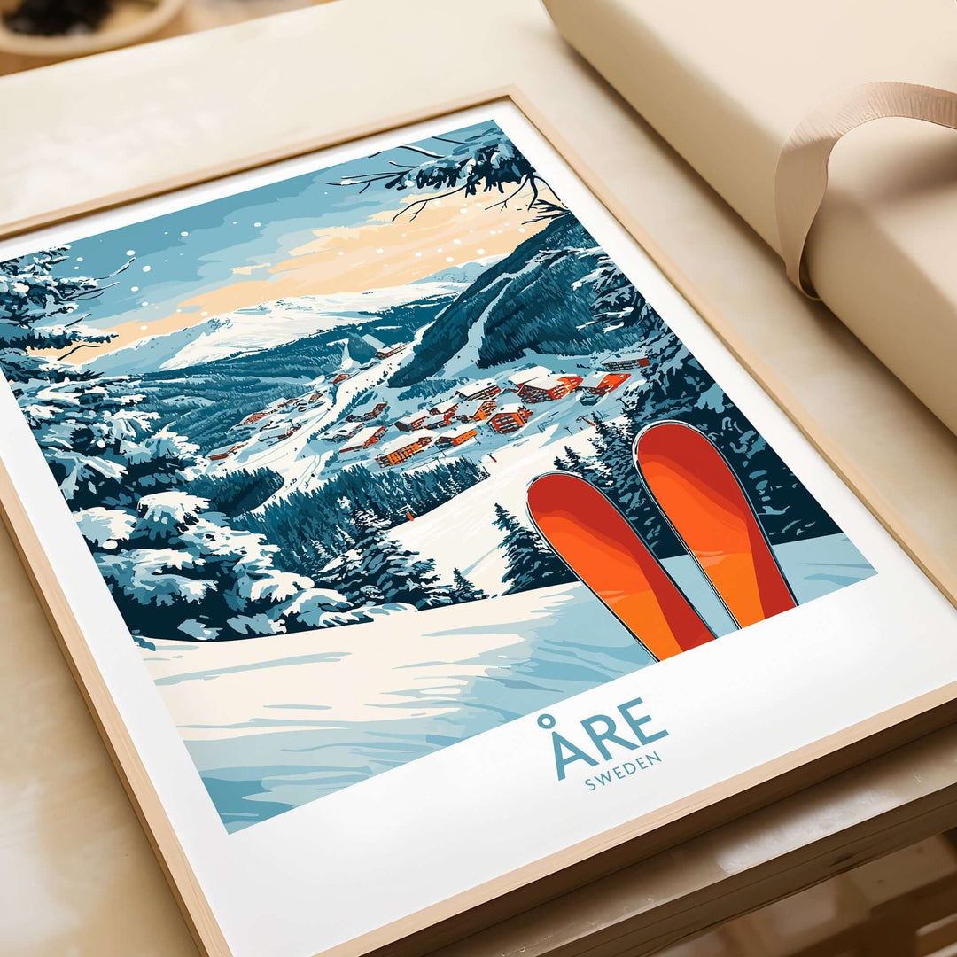 Åre Sweden Ski Poster featuring a scenic winter landscape with skis, capturing the thrill of skiing in Åre.