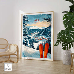 Åre Sweden ski print showcasing a snowy landscape and vibrant orange skis, perfect for ski enthusiasts' home decor.