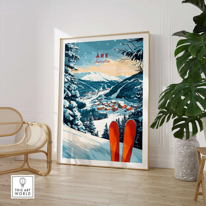 Åre Sweden ski print showcasing a snowy landscape and vibrant orange skis, perfect for ski enthusiasts' home decor.