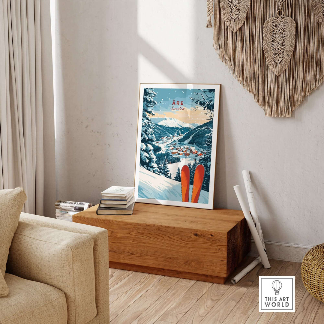 Åre Sweden ski print displayed in a cozy living room, capturing the beauty and excitement of skiing in Åre.