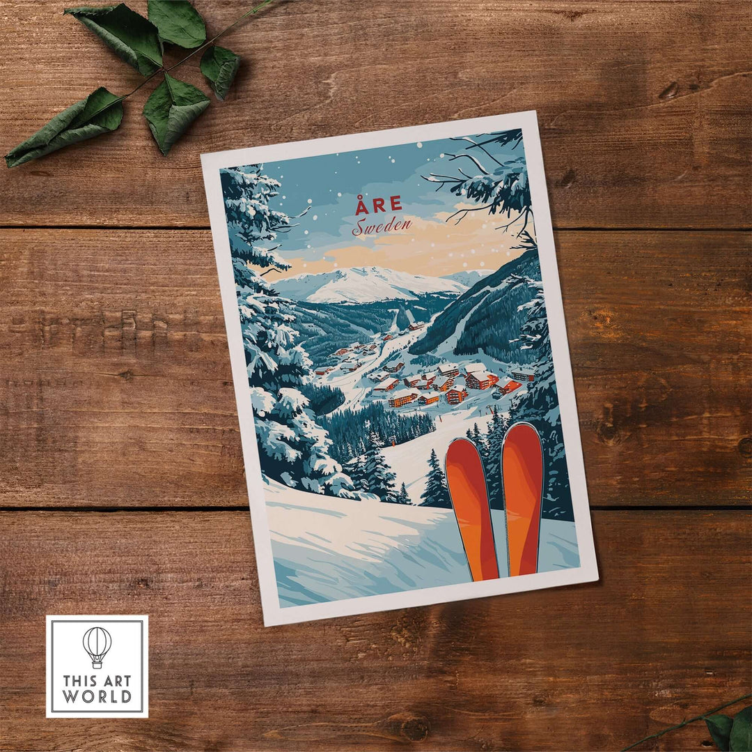 Åre Sweden ski print featuring snowy mountains and vibrant red skis, perfect for ski enthusiasts' home decor.