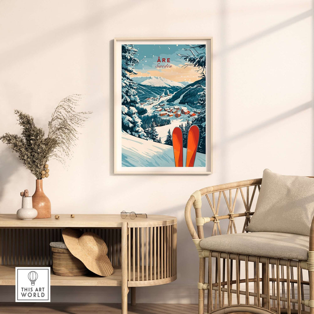 Åre Sweden ski print featuring a snowy landscape and vibrant red skis, ideal for ski enthusiasts' home decor.