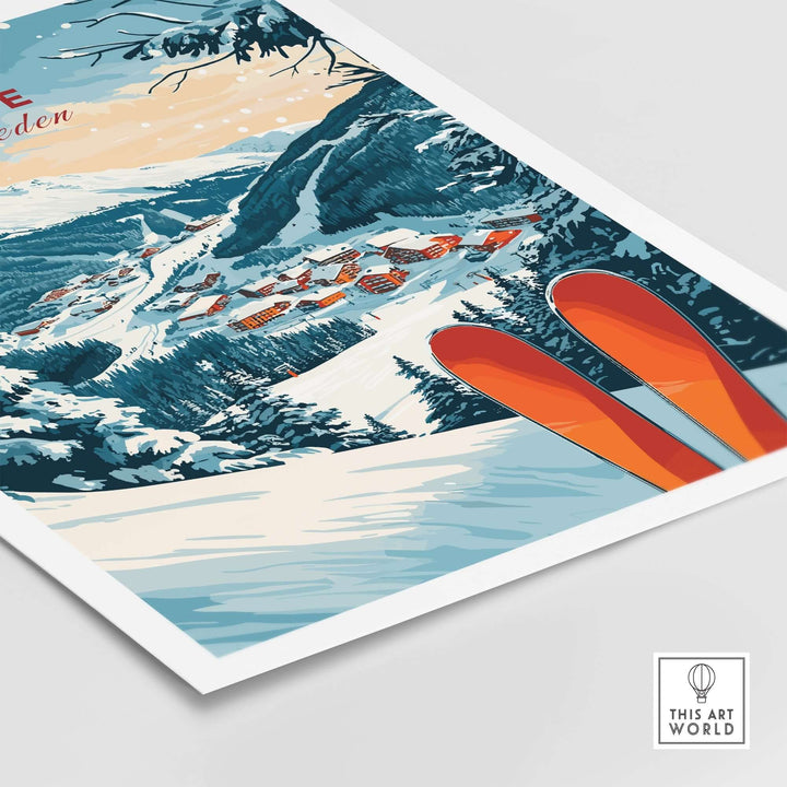 Åre Sweden ski print featuring vibrant skis and a snowy mountain landscape, perfect for ski enthusiasts and wall decor.