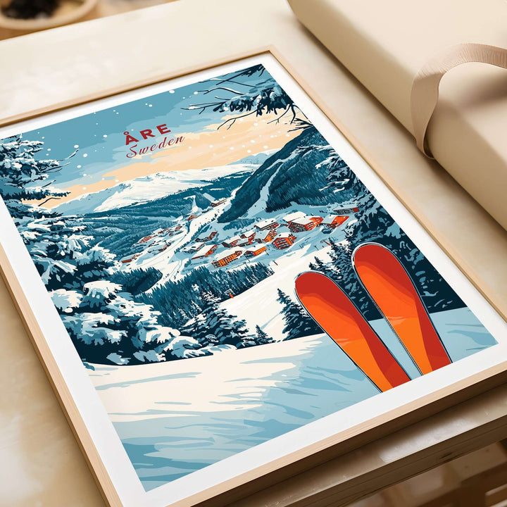 Åre Sweden ski print featuring vibrant skis, mountainous scenery, and a snowy village, perfect for ski enthusiasts' decor.