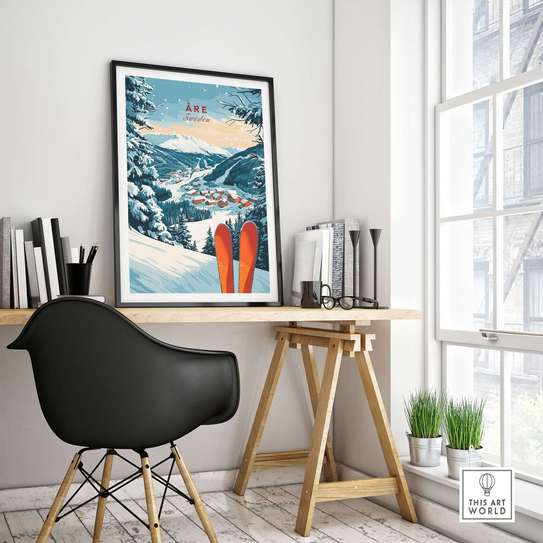 Åre Sweden Ski Print displayed in a stylish interior, showcasing skiing landscape and vibrant colors. Perfect for ski lovers.