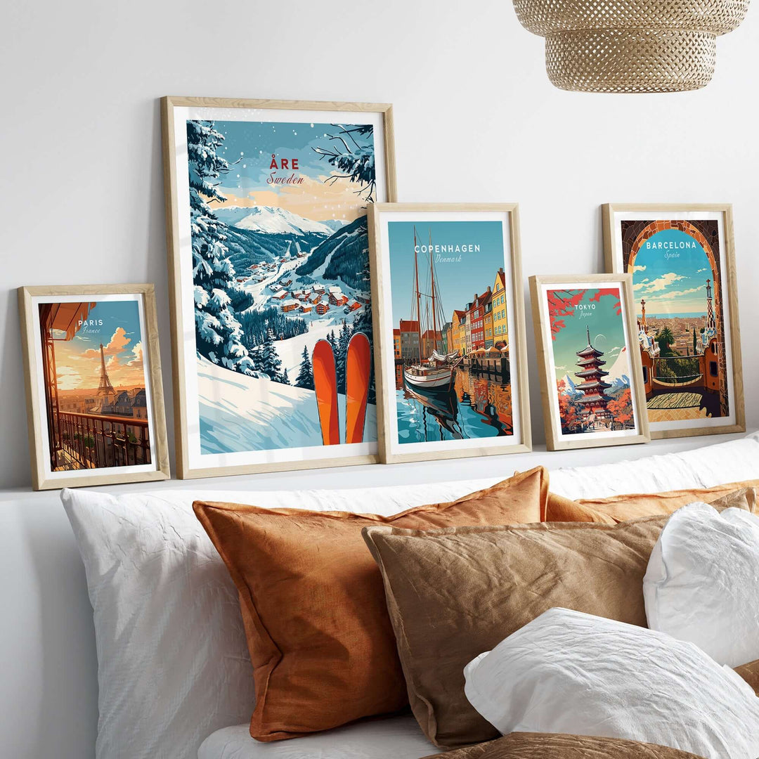 Åre Sweden Ski Print showcasing vibrant ski art among framed city prints, enhancing home decor for ski enthusiasts.