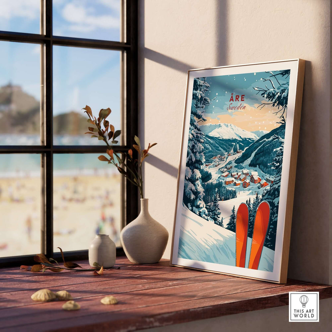 Åre Sweden Ski Print displayed indoors, showcasing snowy mountains and vibrant ski culture art piece for enthusiasts.