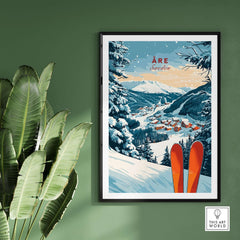 Åre Sweden ski print featuring snow-covered mountains and vibrant skis, perfect for ski enthusiasts' wall decor.