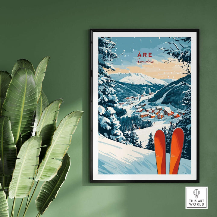 Åre Sweden ski print featuring snow-covered mountains and vibrant skis, perfect for ski enthusiasts' wall decor.