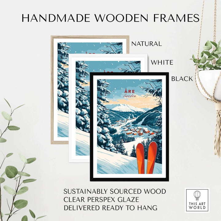 Handmade wooden frames in natural, white, and black for Åre Sweden Ski Print, showcasing sustainable design and ready to hang.