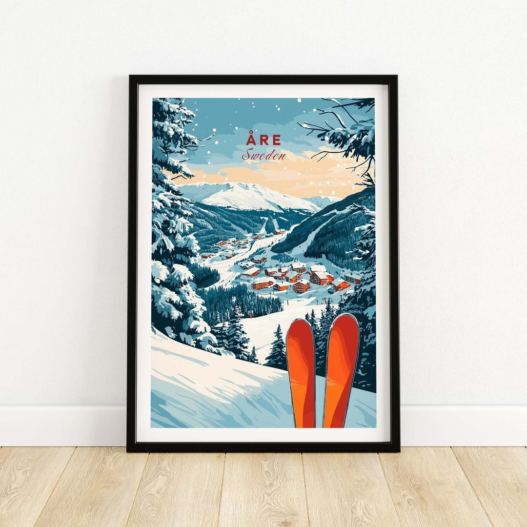 Åre Sweden ski print featuring picturesque snowy mountain landscape and vibrant red skis, perfect for ski enthusiasts' decor.