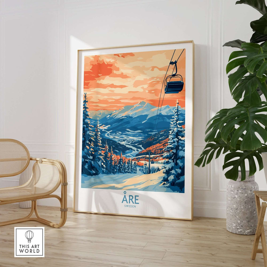 Åre Sweden wall art ski poster featuring vibrant colors of snowy slopes and a scenic mountain view, perfect for ski enthusiasts.