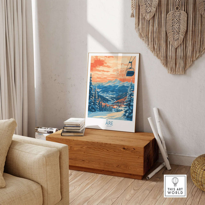 Åre Sweden wall art ski poster displayed in a cozy living room setting, showcasing vibrant colors and scenic mountain views.