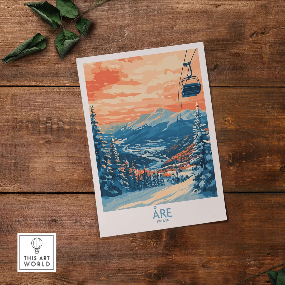 Åre Sweden wall art ski poster showcasing vibrant slopes, trees, and a cable car against a stunning sunset backdrop.