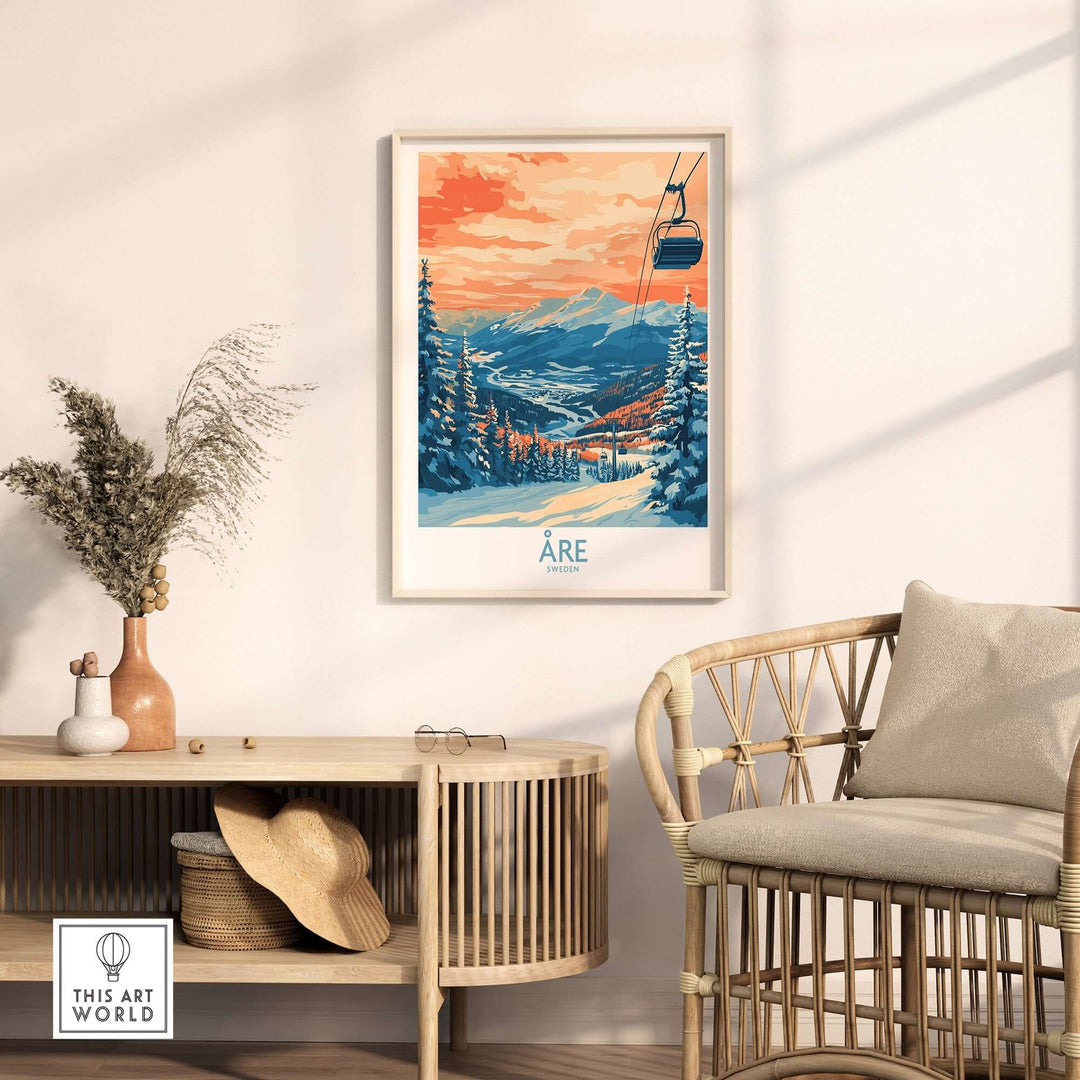 Beautiful Åre Sweden ski poster featuring vibrant sunset colors and scenic snowy slopes in a cozy living room setting.