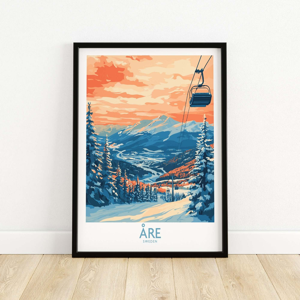 Åre Sweden wall art ski poster showcasing a scenic snowy landscape with mountains and a ski lift at sunset.