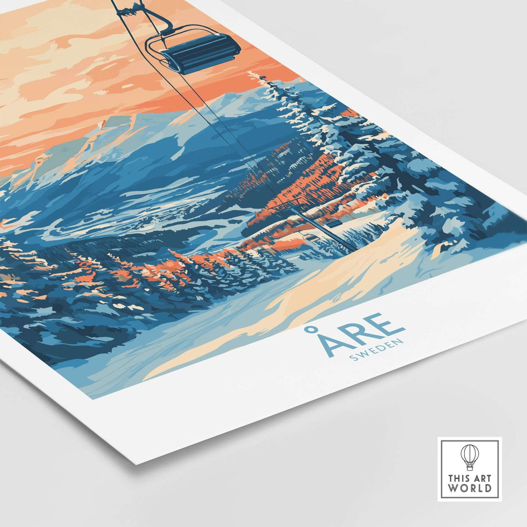 Åre Sweden wall art ski poster showcasing stunning slopes and vibrant sunset colors, perfect for ski enthusiasts.