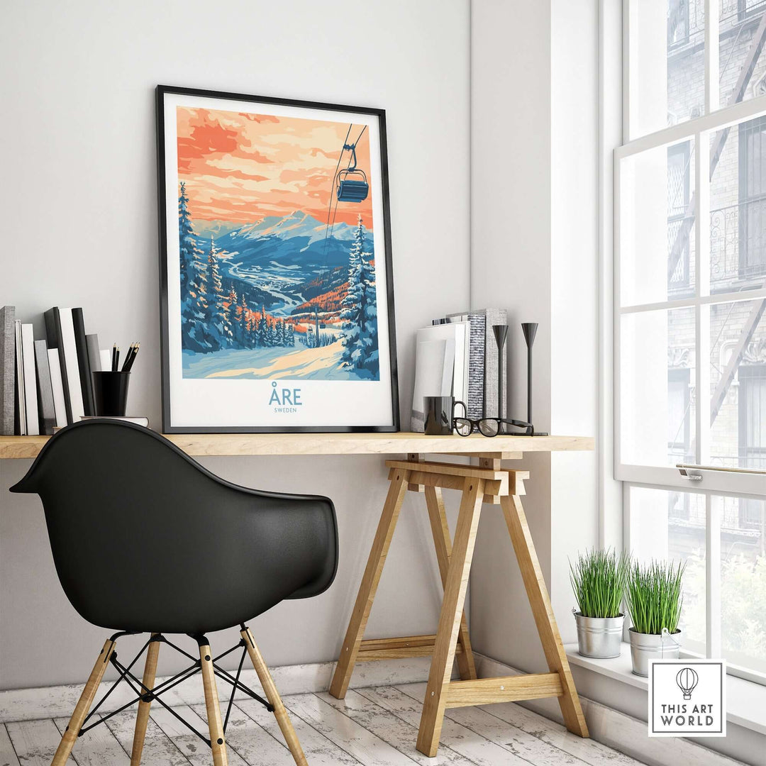 Åre Sweden wall art ski poster in a stylish home office setting, showcasing vibrant mountains and a ski lift.