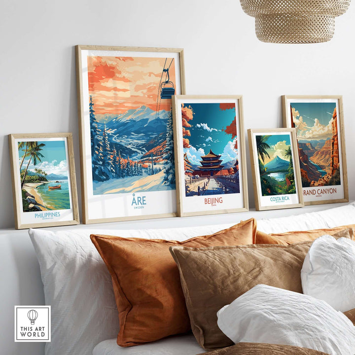 Vibrant wall art featuring Åre, Sweden and other scenic locations, perfect for home decor and travel inspiration.