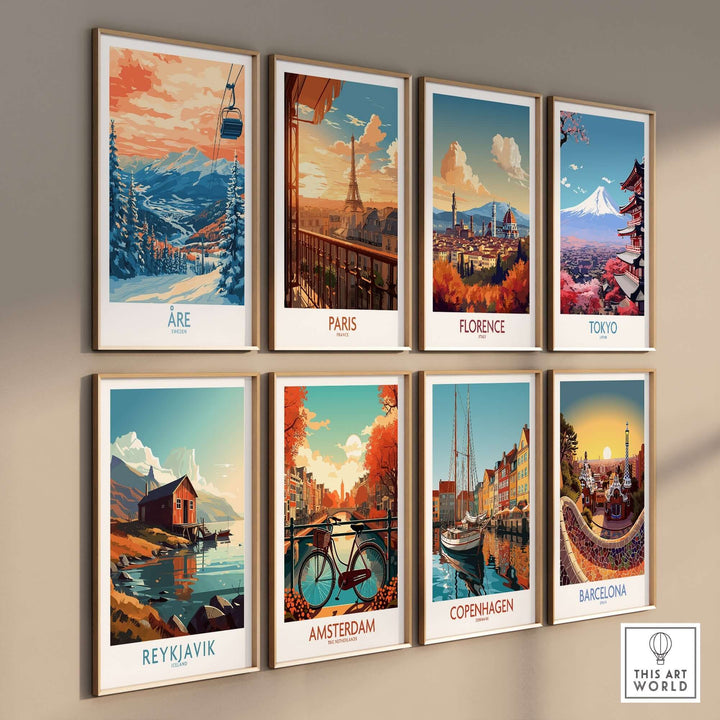 Colorful wall art featuring travel posters of Åre, Paris, Florence, Tokyo, Reykjavik, Amsterdam, Copenhagen