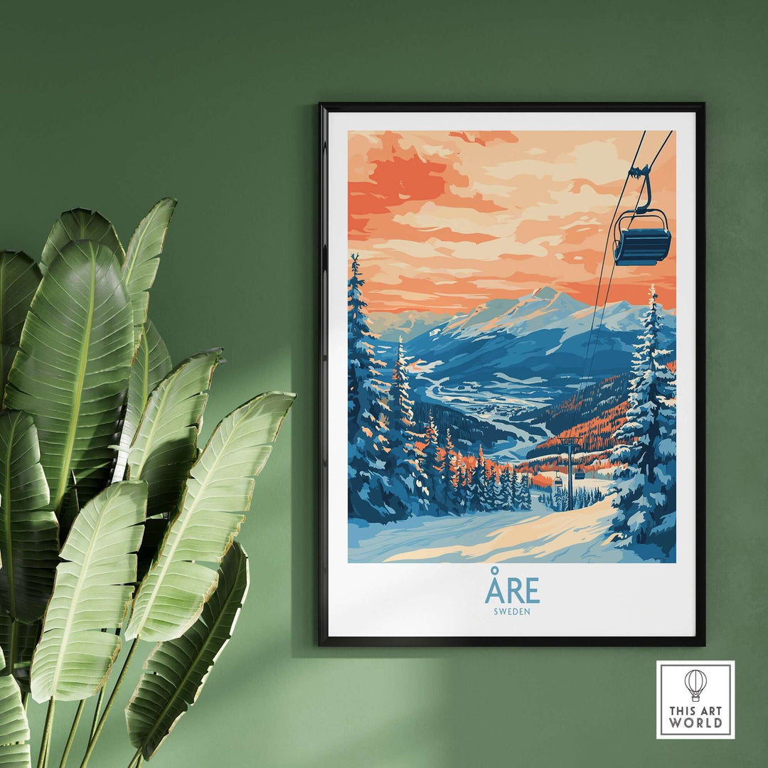 Åre Sweden wall art ski poster featuring a snowy landscape and ski lift, ideal for ski enthusiasts and Scandinavian decor.