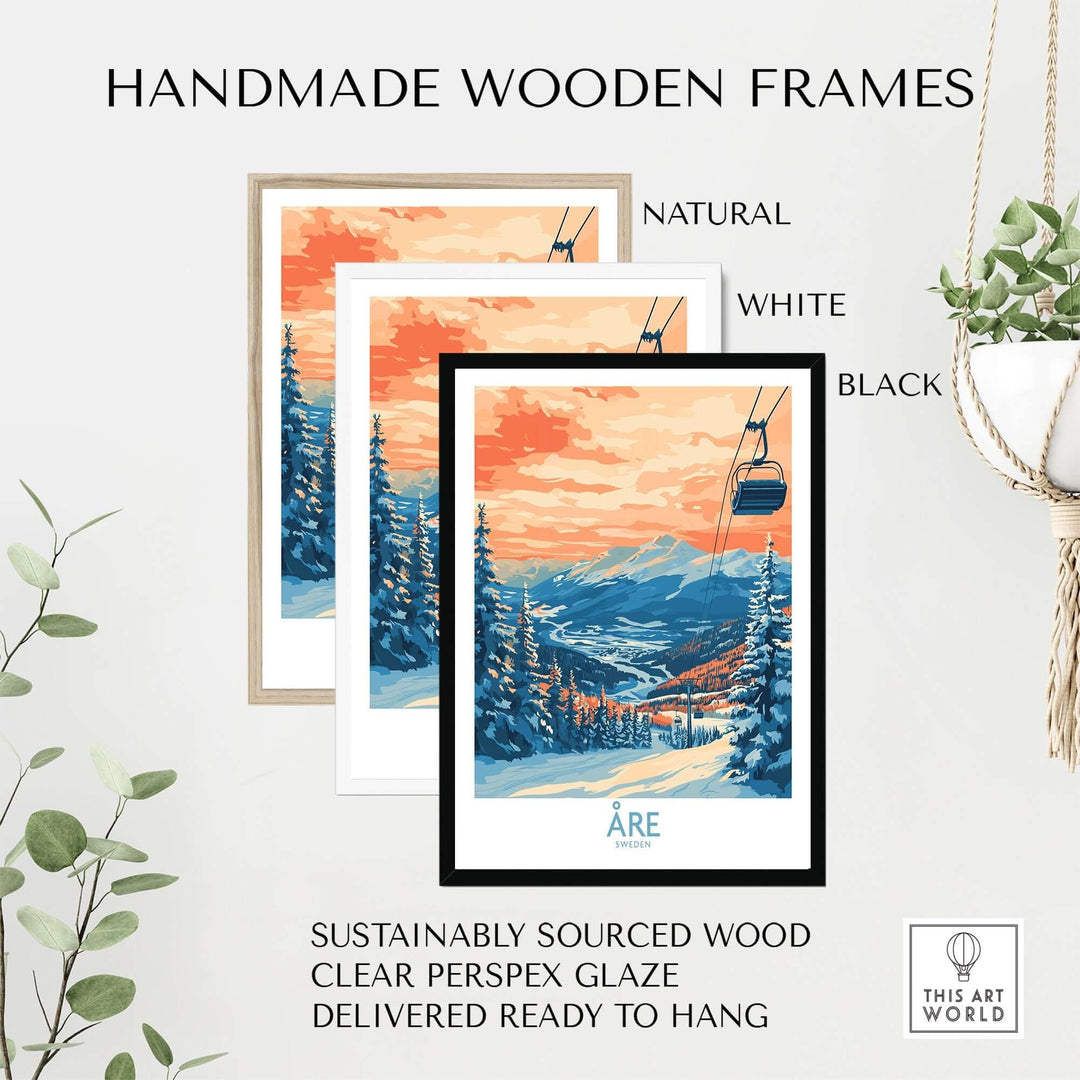 Handmade wooden frames in natural, white, and black, showcasing a vibrant Åre ski poster art print.