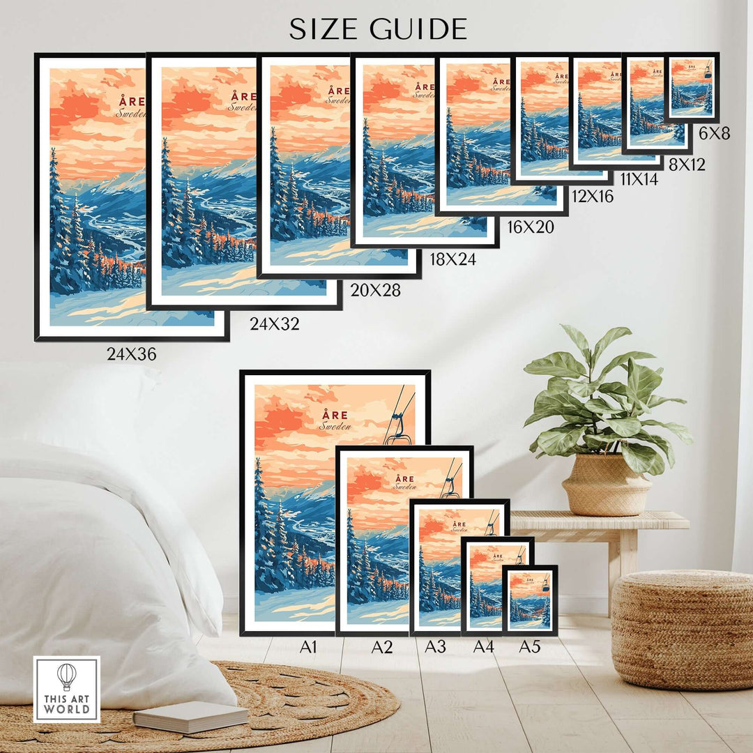 Size guide for Åre Sweden wall art ski print, showcasing different frame sizes in a cozy interior setting.