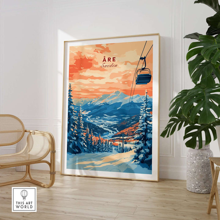 Åre Sweden ski wall art print featuring a scenic view of mountains and a ski lift, perfect for home decor and adventure lovers.