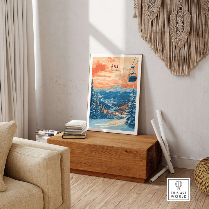 Åre Sweden wall art ski print featuring scenic mountains and a ski lift in a cozy interior setting. Perfect for ski lovers.