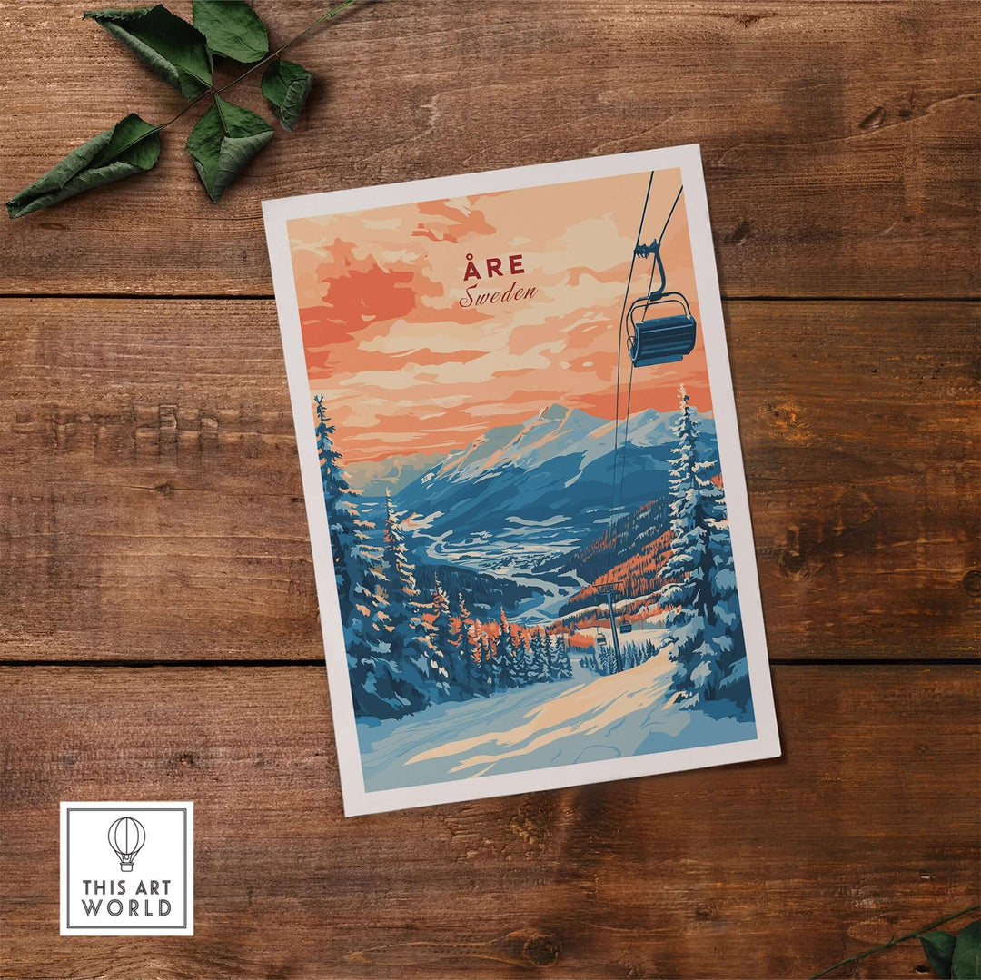 Åre Sweden Wall Art Ski Print featuring a scenic mountain landscape and ski lift on a stylish background.