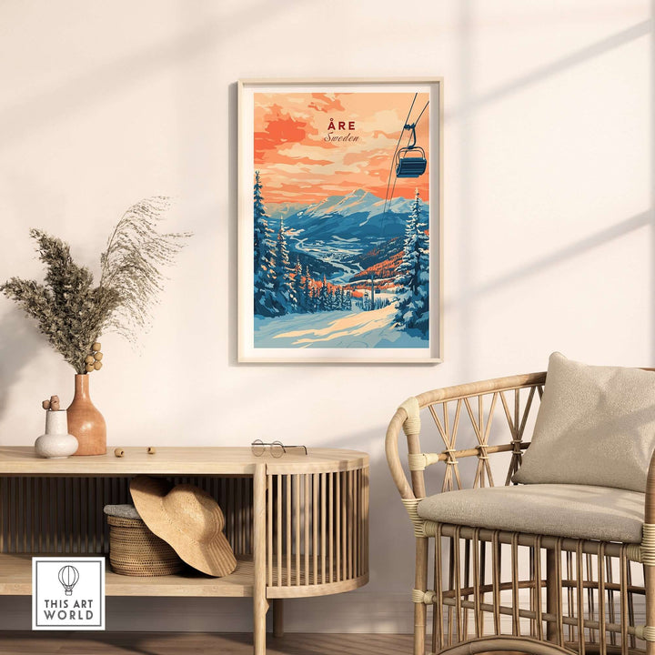 Åre Sweden wall art ski print featuring vibrant mountains and ski lift in a stylish interior setting. Perfect for ski lovers.