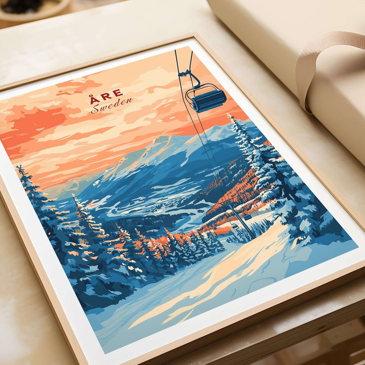 Åre Sweden Wall Art Ski Print featuring a scenic view of snowy mountains and a ski lift at sunset. Perfect for ski lovers.