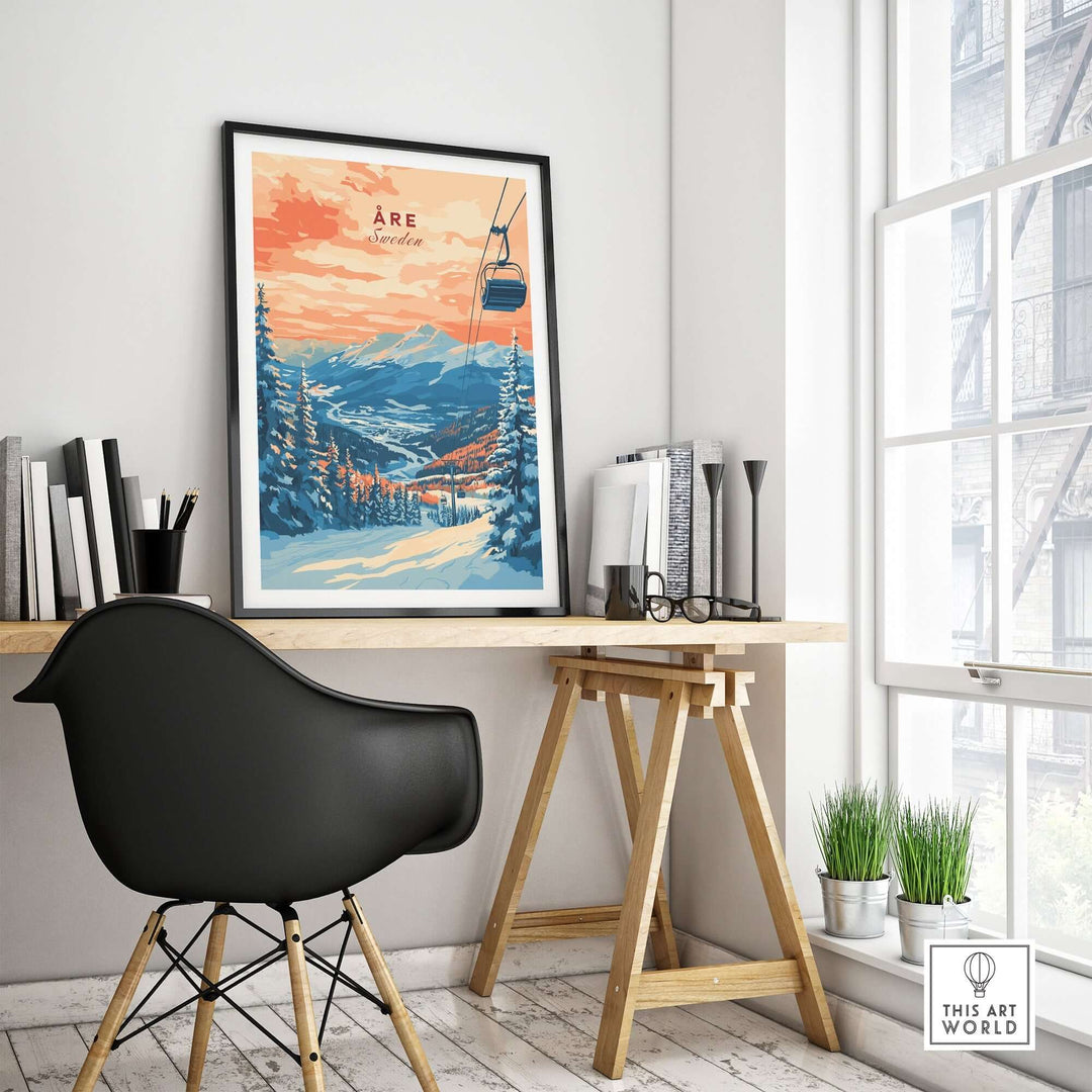 Åre Sweden wall art ski print displayed in modern workspace with elegant decor and natural light.