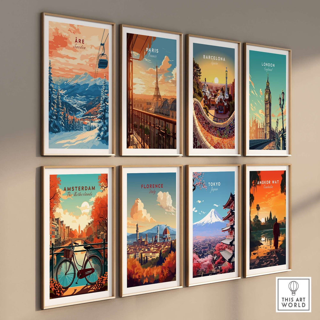 Colorful wall art prints featuring iconic cities including Åre, Paris, Barcelona, and London, perfect for home decor.