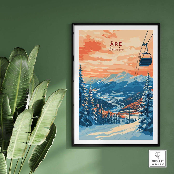 Åre Sweden wall art ski print featuring a ski lift and snow-covered mountains in a stylish frame. Perfect for ski enthusiasts.