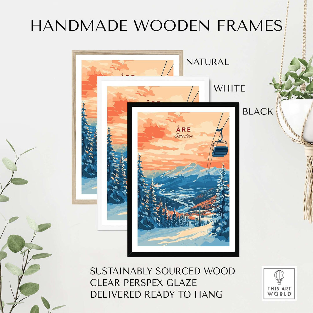 Handmade wooden frames in natural, white, and black for Åre Sweden wall art ski print, sustainably sourced and ready to hang.