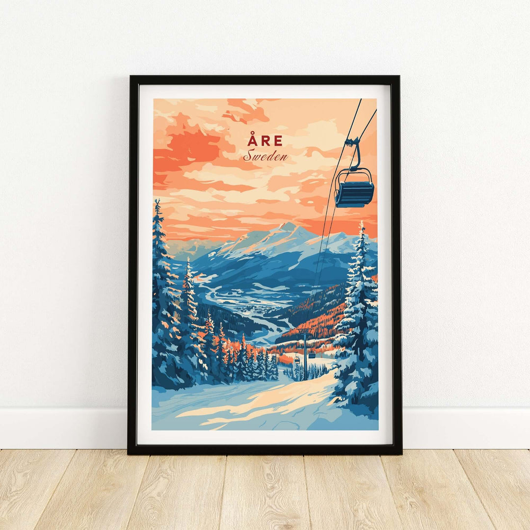 Åre Sweden wall art ski print featuring a scenic view of mountains and a ski lift, perfect for ski enthusiasts.