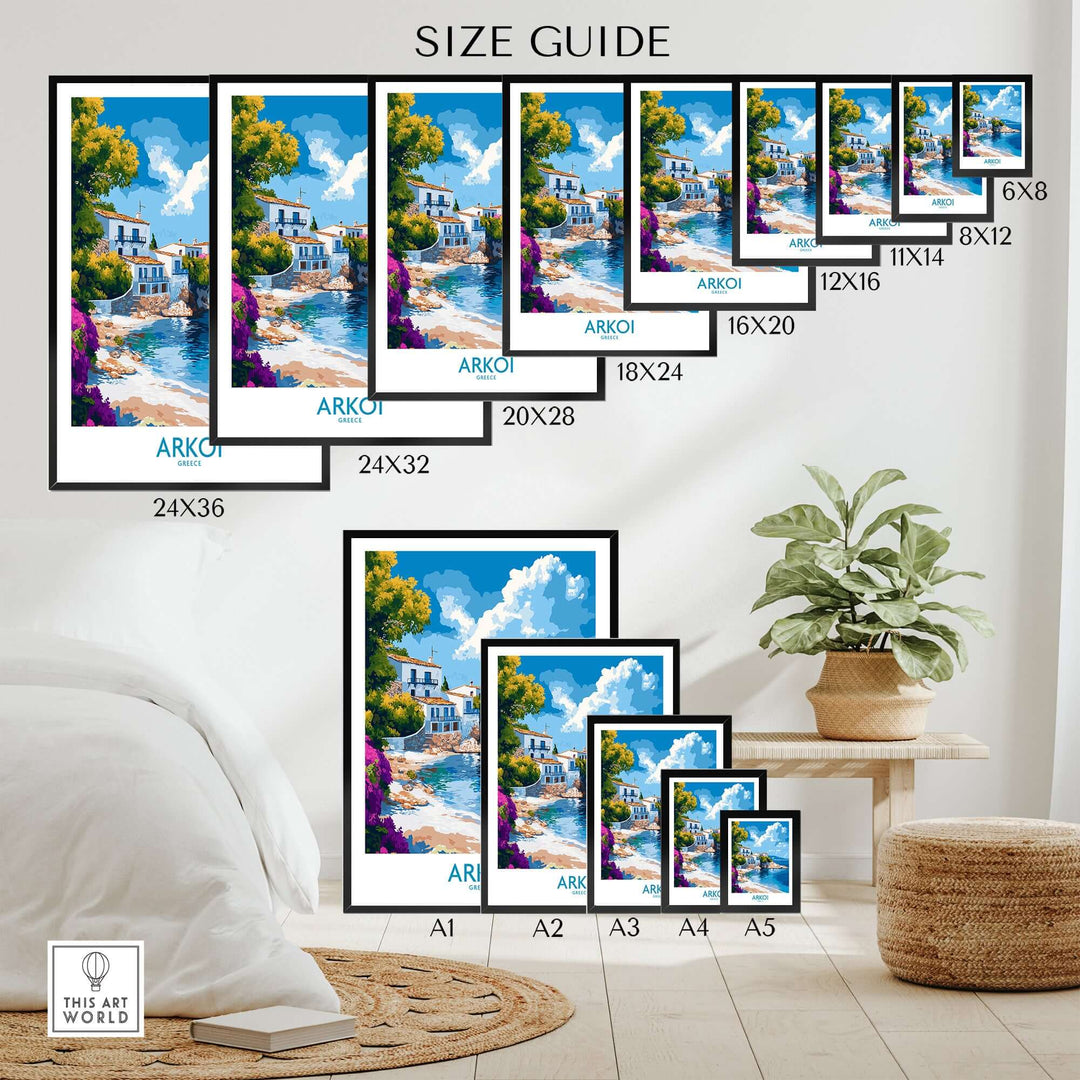 Size guide for Arkoi Greece Poster showcasing various dimensions and vibrant Mediterranean design options.