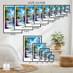Size guide for Arkoi Greece Poster with various dimensions displayed in a home setting.