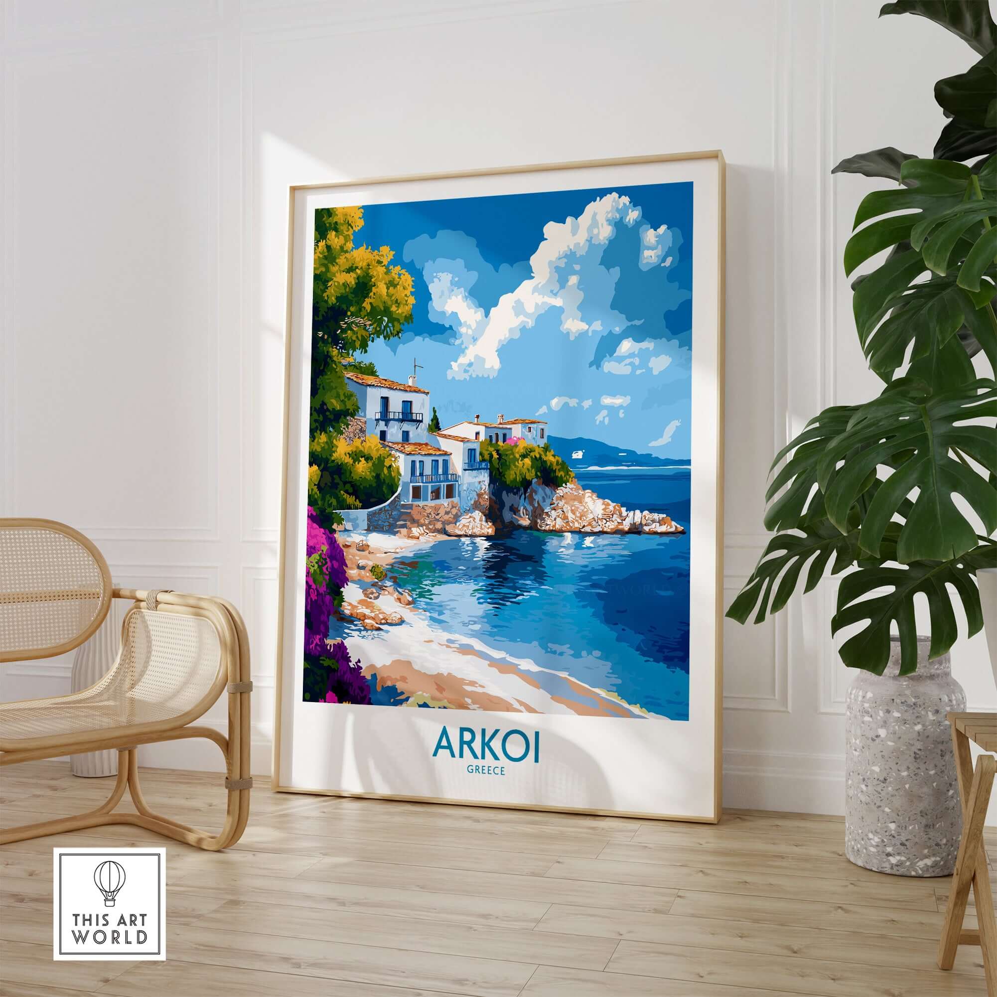 Arkoi Greece Poster showcasing a vibrant coastal scene with blue skies and Mediterranean charm.