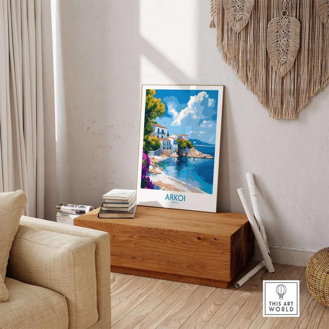 Arkoi Greece Poster displayed in a stylish living room, showcasing vibrant colors and Mediterranean charm.