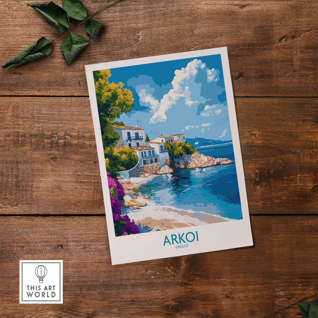 Arkoi Greece poster featuring vibrant coastal scenery and Mediterranean charm on a wooden background.